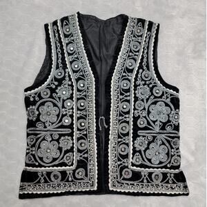 Vintage 70s Embroidered Velvet Mirror Vest Unisex Silver Boho Afghan Festival S